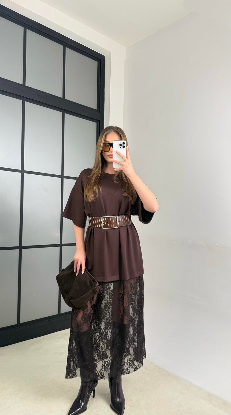Acı Kahve Dantel Detaylı Modal Kumaş Elbise GAUS-01105