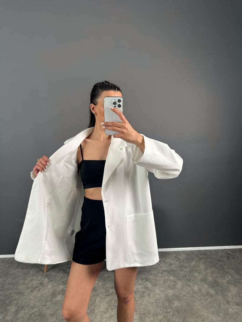 Muadil Beyaz Premium Keten Oversize Ceket