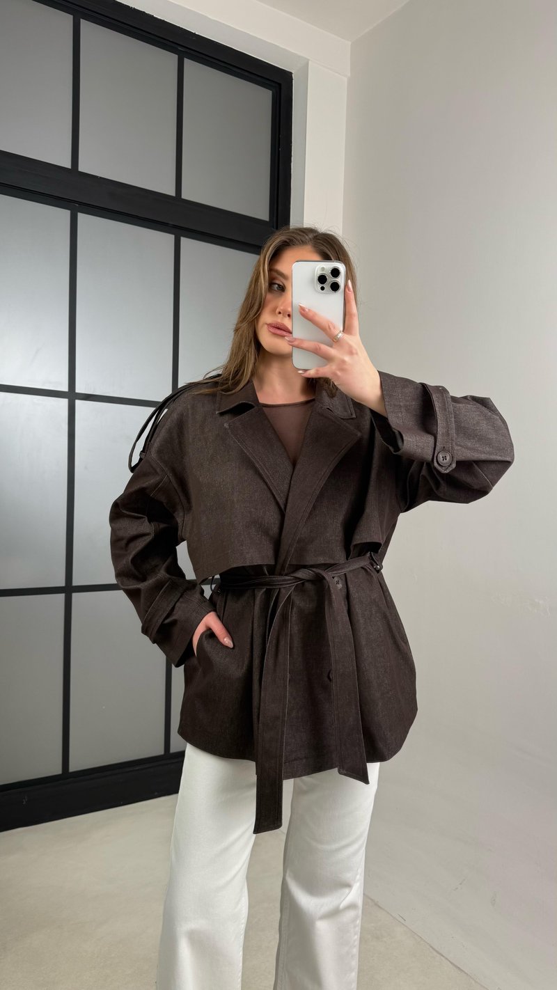 Acı Kahve Düğmeli Kuşaklı Denim Trençkot GAUS-00983