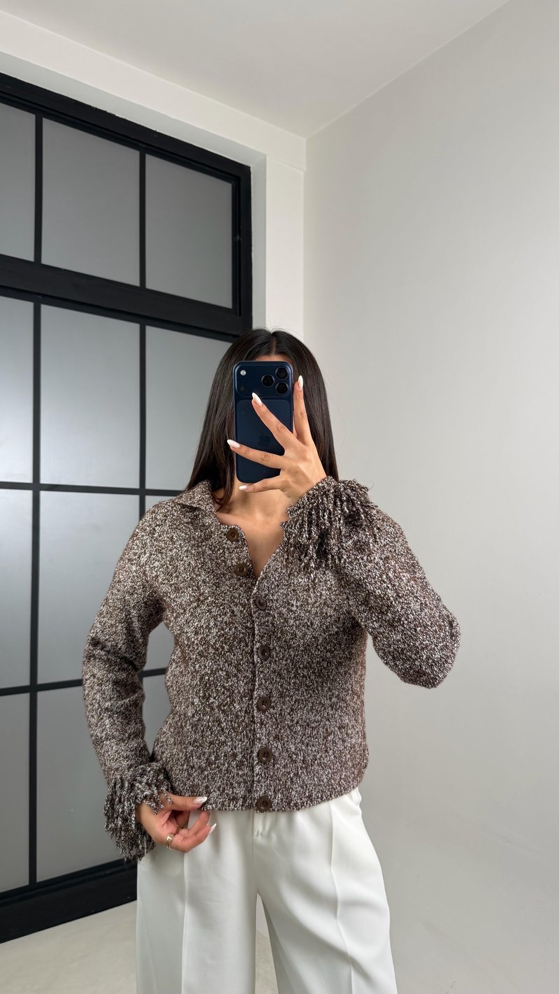 Kahve Kolu Püskül Detaylı Triko Hırka GAUS-00498