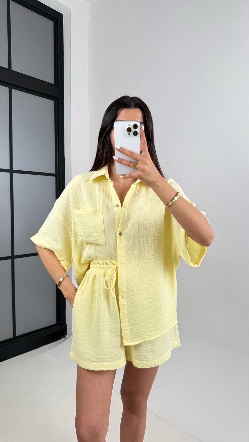 Sarı Cepli Gömlek Beli Lastikli Şort Müslin Takım Gaus00445