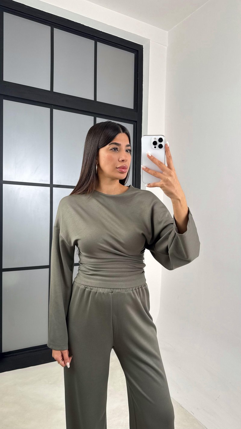 Haki Yarasa Kol Bluz Beli Lastikli Pantolon Tasarım Modal Takım GAUS-00572