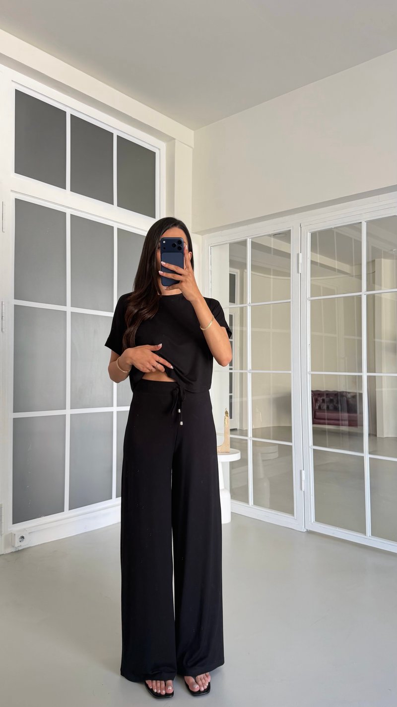 Siyah Bluz Beli Lastikli Pantolon İkili Basic Takım GAUS-01712