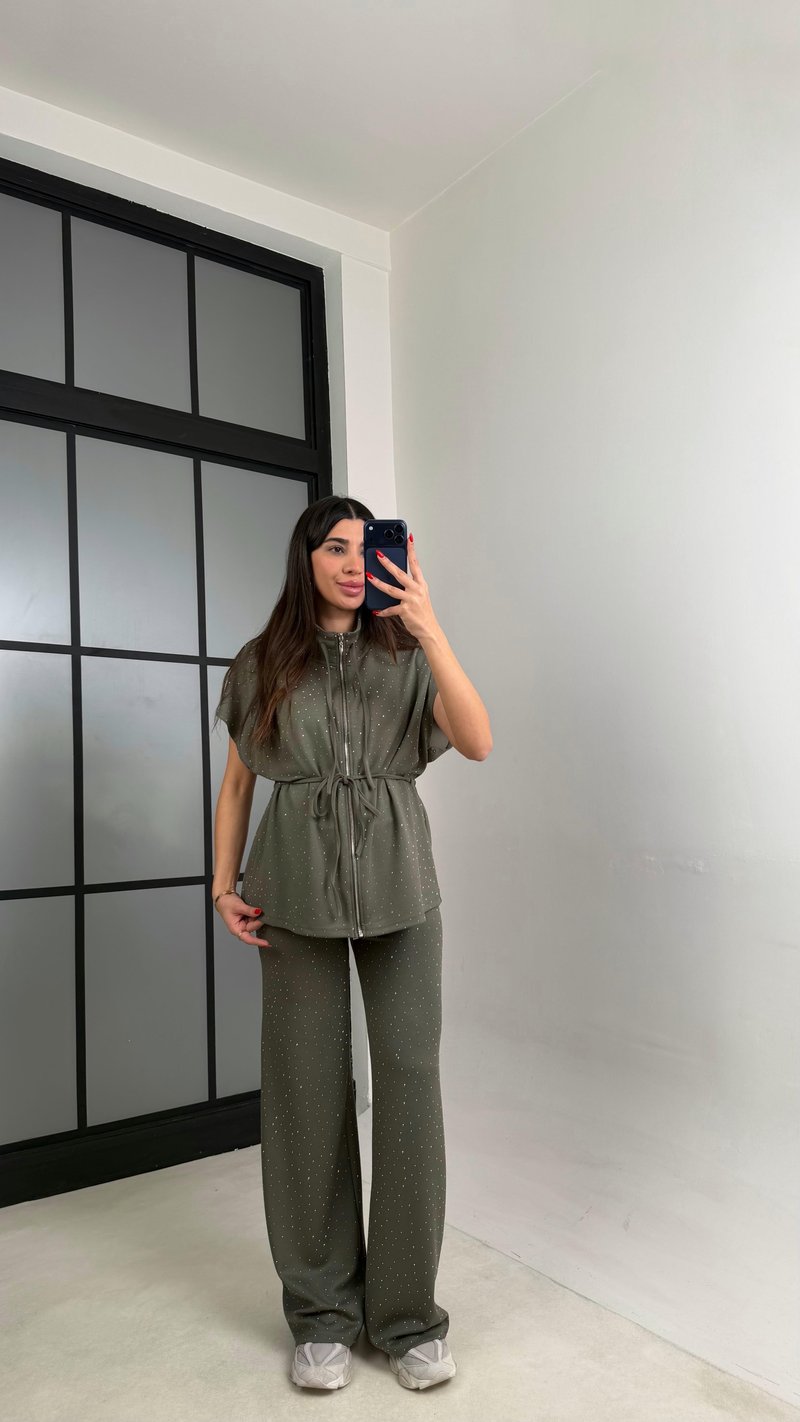 Haki Beli Lastikli Hırka Pantolon Taşlı Modal Takım GAUS-01064