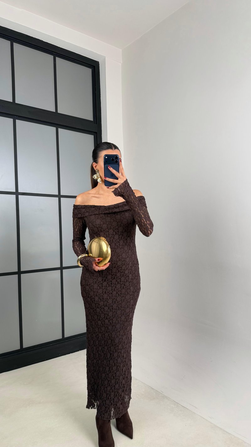 Acı Kahve Madonna Yaka Dantelli Astarlı Elbise GAUS-00664