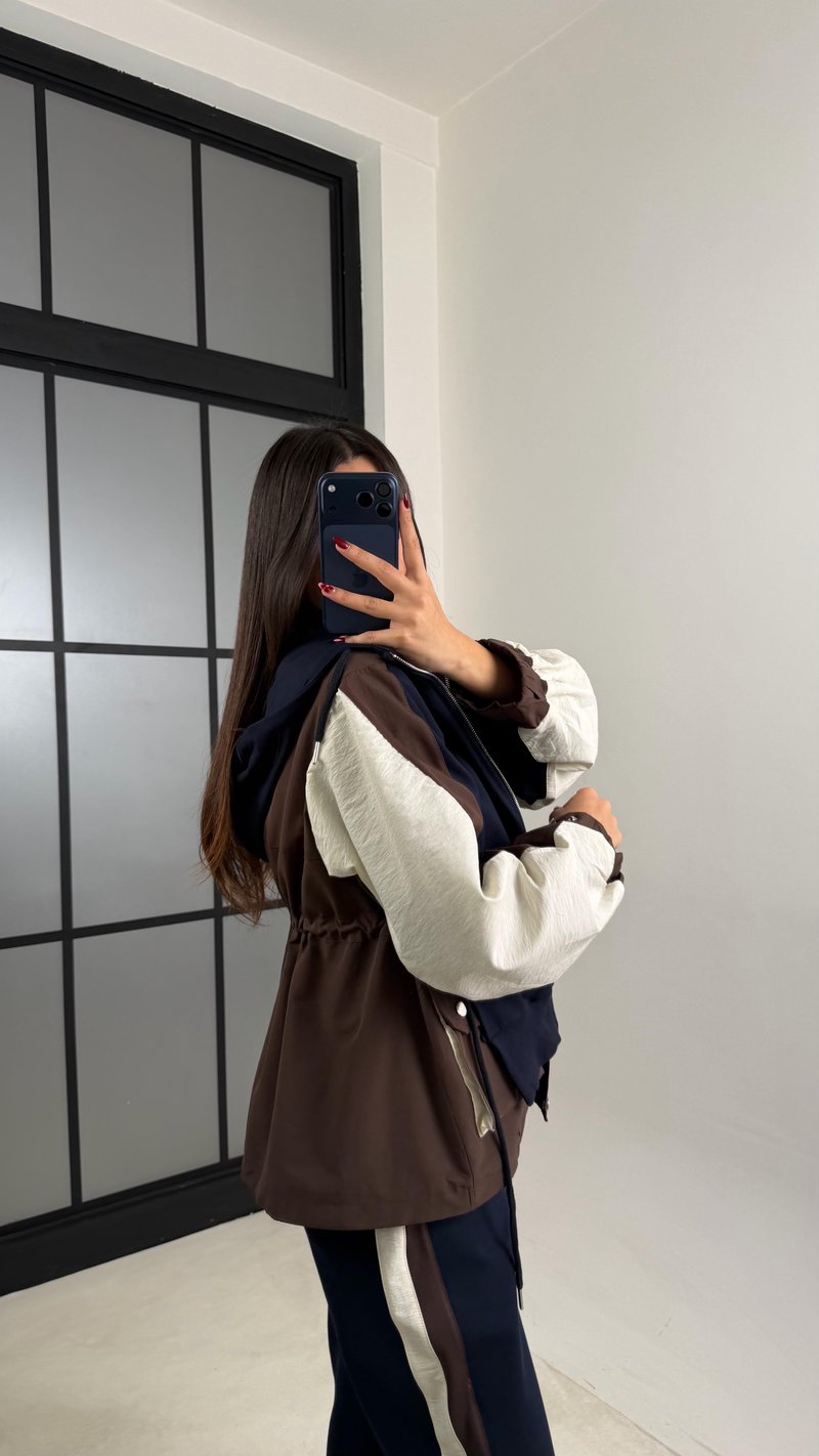 Kahve Garnili Ceket Beli Lastikli Pantolon İkili Tasarım Takım GAUS-00699