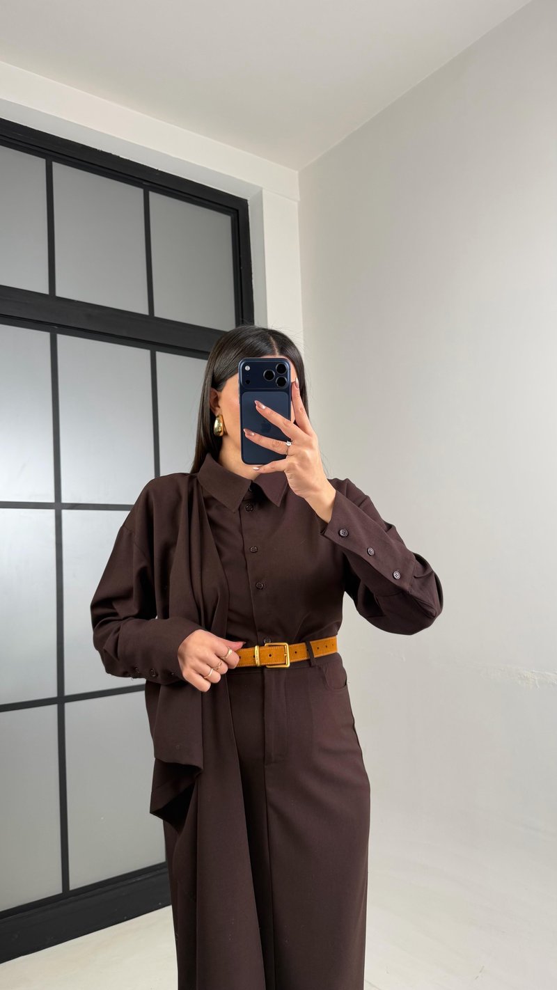 Acı Kahve Manşet Kol Yakası Şallı Gömlek Etek Muadil Takım GAUS-01053 GAUS-01102