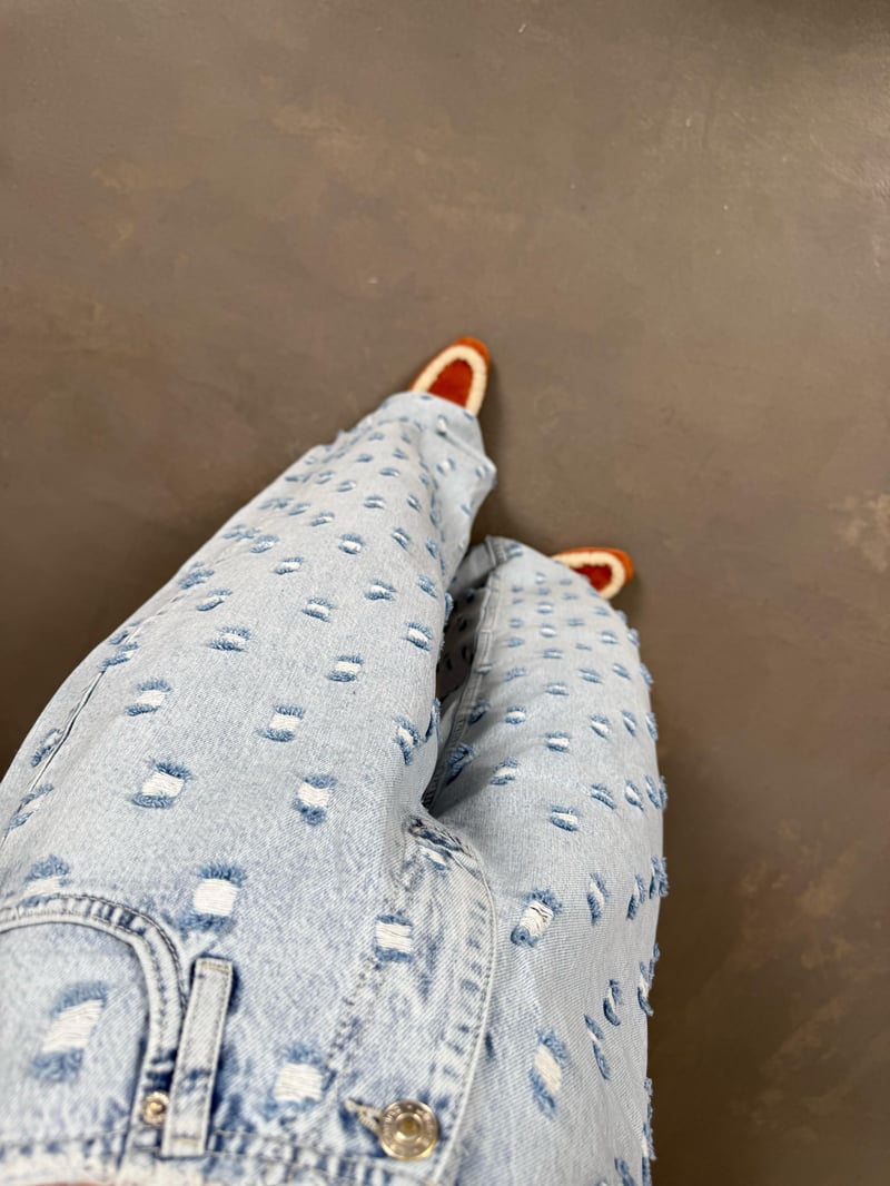 Tonsi Buz Mavi Yırtık Detaylı Tasarım Wide Leg Jean