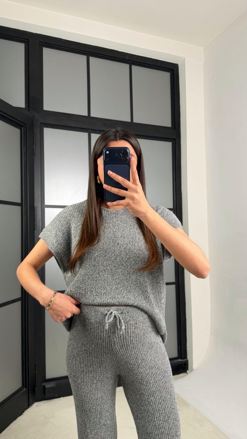 Gri Sıfır Kol Tshirt Beli Lastikli Pantolon Triko Takım GAUS-01238