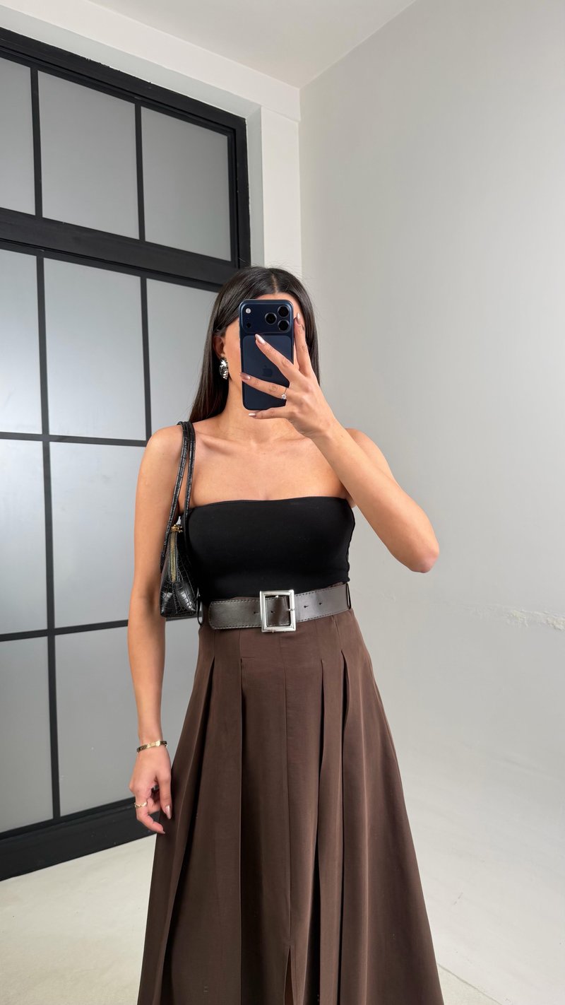 Acı Kahve Deri Kemerli Yırtmaçlı Tencel Etek GAUS-01088