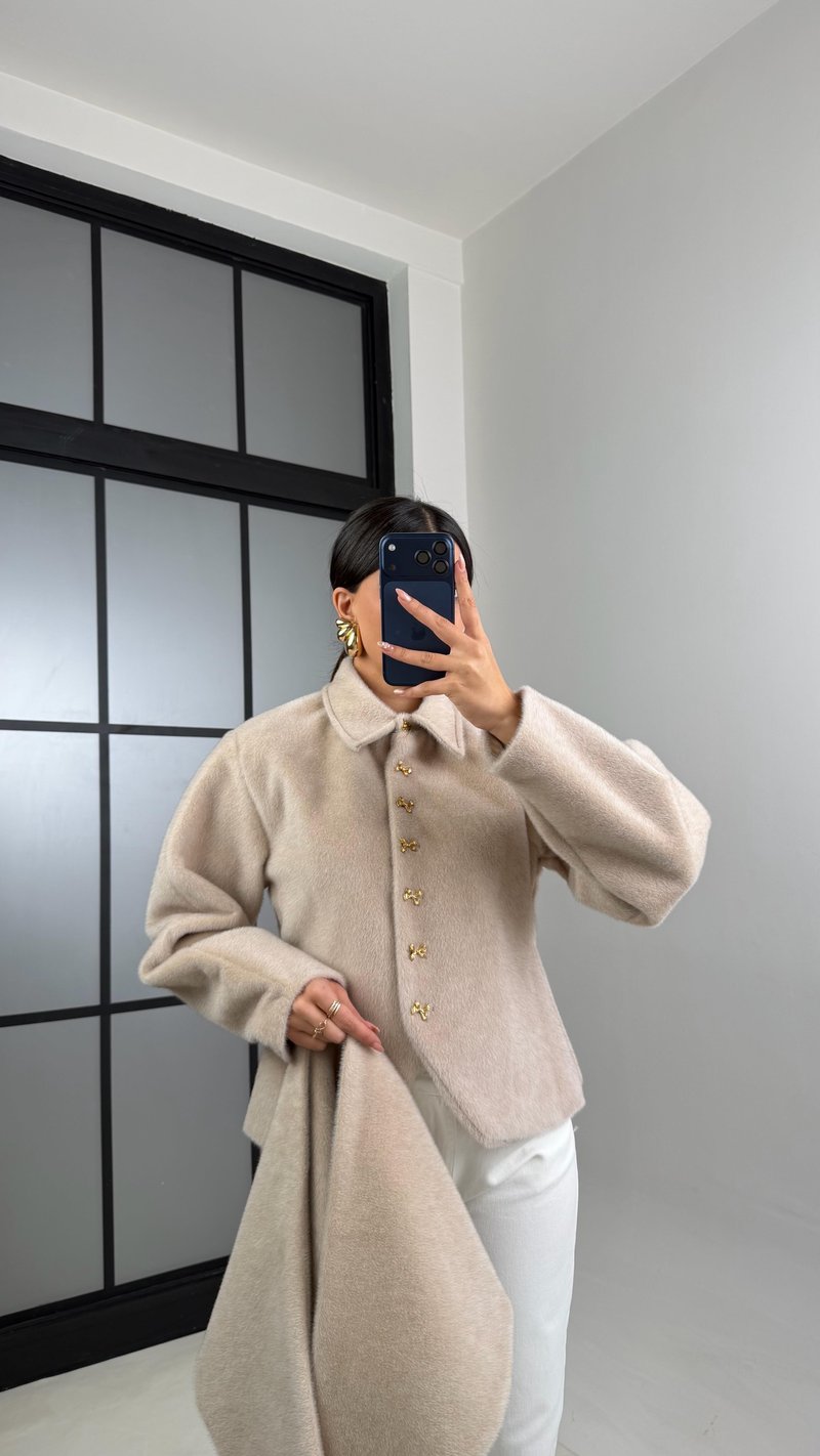 Taş Fiyonk Düğmeli Astarlı Şal Detaylı Kaşe Ceket GAUS-00885