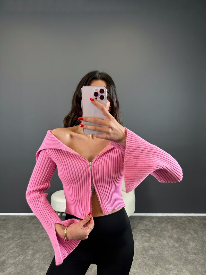 Pembe Çift Fermuarlı Kayık Yaka Triko Hırka