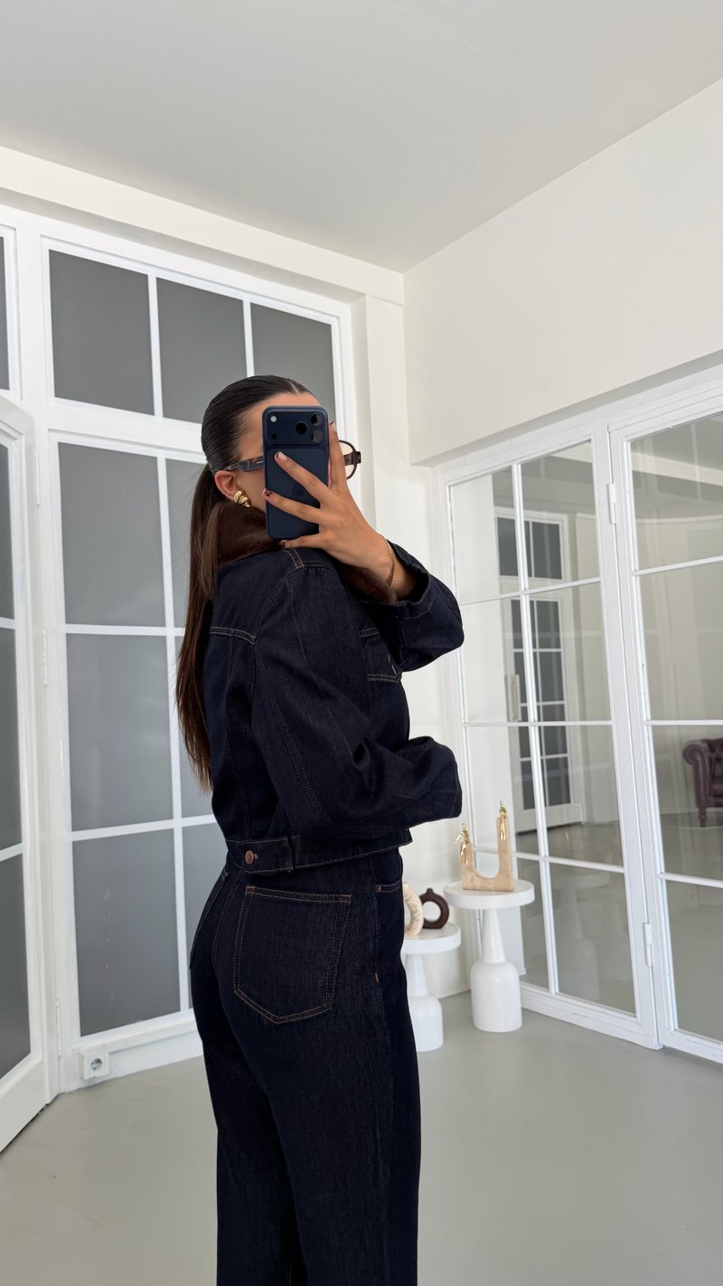 Lacivert Kürk Yakalı Ceket Beli Lastikli Pantolon Premium Denim Takım GAUS-01903