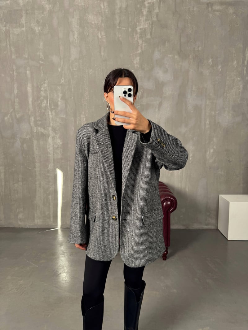 Dany Gri Çizgili Astarlı Kaşe Blazer Ceket