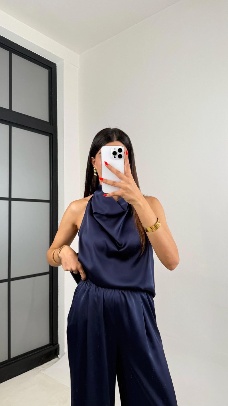 Lacivert Degaje Yaka Bluz Beli Lastikli Pantolon Saten Takım GAUS-01222