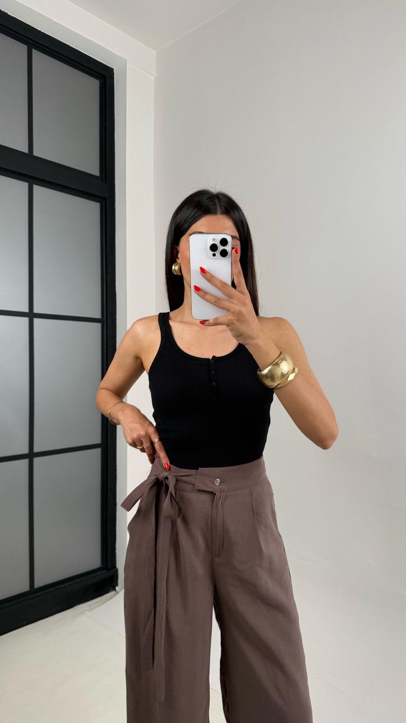 Kahve Yan Bağlamalı Tasarım Tencel Pantolon Gaus00500