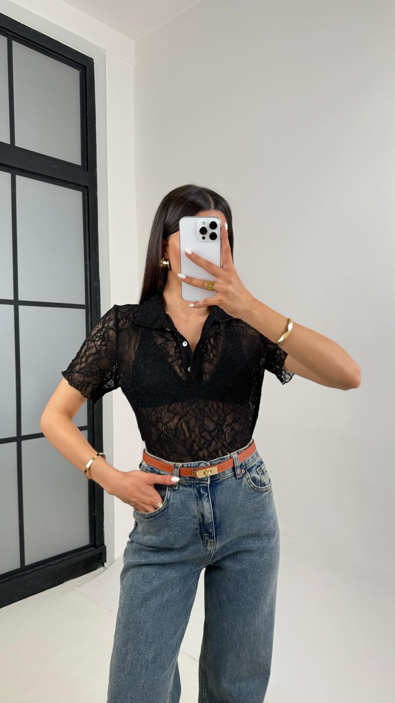 Siyah Polo Yaka Dantelli Transparan Bluz Gaus00448