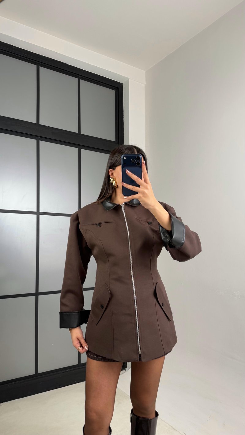 Acı Kahve Deri Yaka Detaylı Astarlı Vatkalı Premium Ceket gaus-01027