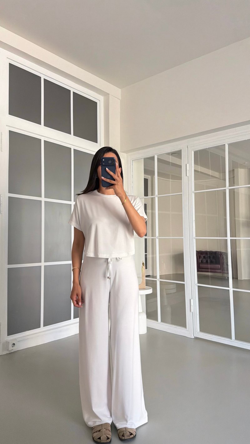 Beyaz Bluz Beli Lastikli Pantolon İkili Basic Takım GAUS-01712