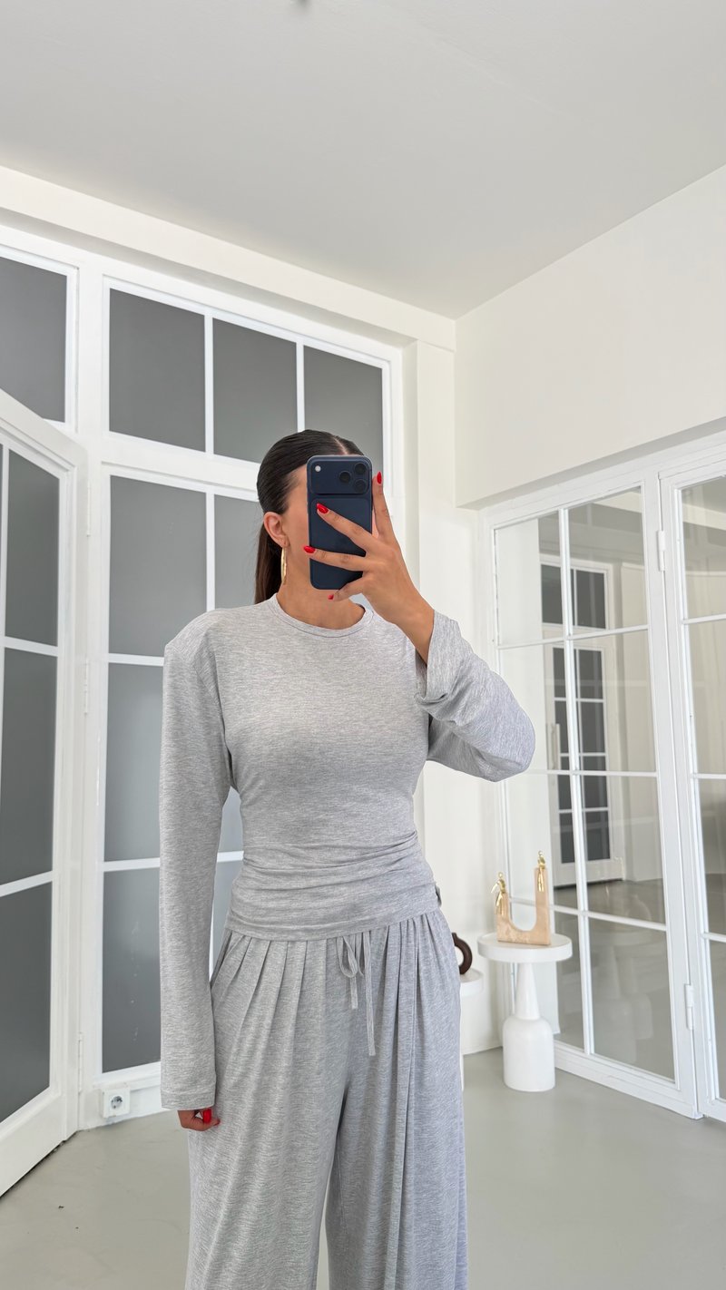 Gri Vatkalı Beli Ayarlanabilir Bluz Beli Lastikli Pantolon İkili Takım GAUS-01872