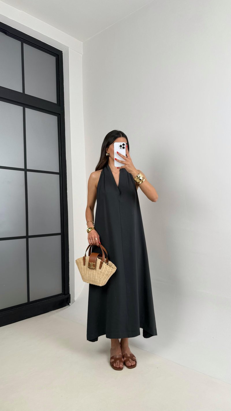 Antrasit V Yaka Sırt Detaylı Premium Tencel Elbise Gaus00481 