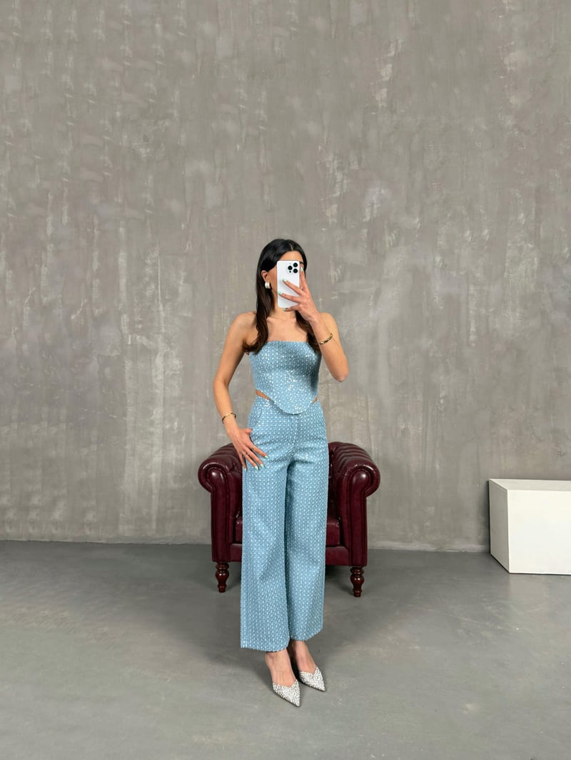 Mavi Pullu Parlak Korseli Denim Takım Gaus00241