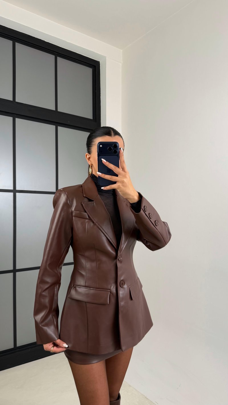 Kahve Astarlı Vatkalı Blazer Ceket Etek Premium Deri Takım GAUS-00657