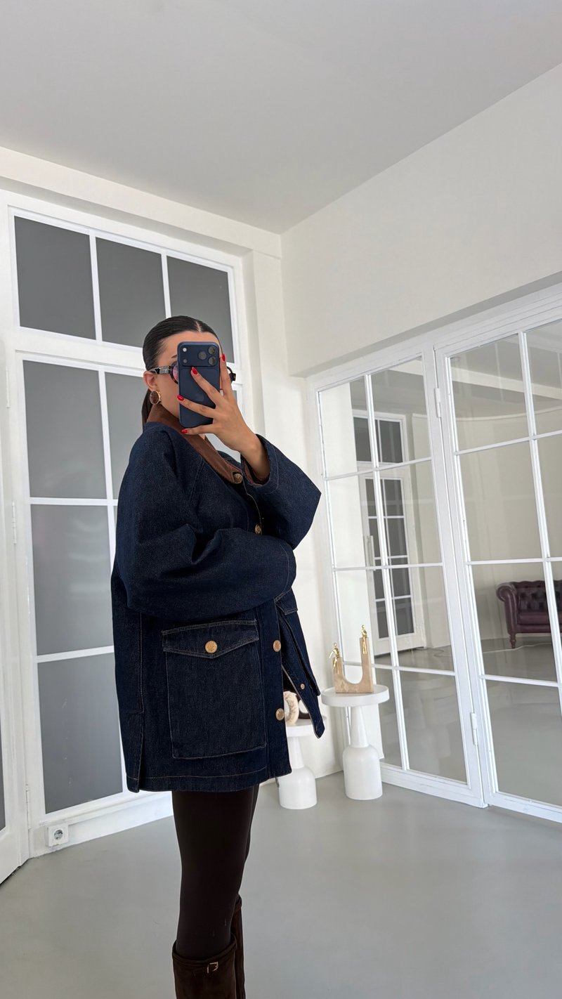 Lacivert Kadife Yaka Ekose Astarlı Denim Premium Ceket GAUS-01888
