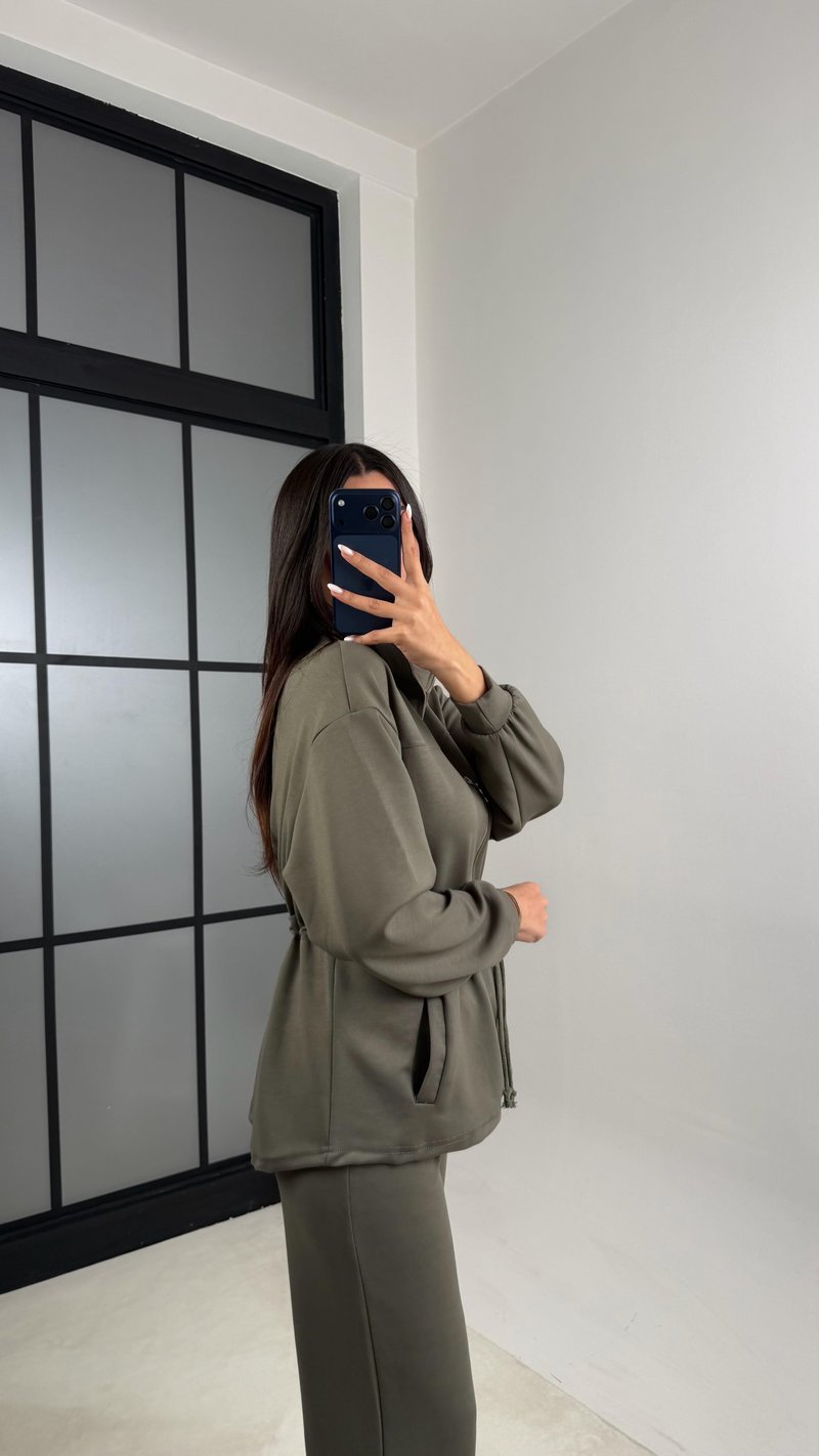 Haki Beli Büzgülü Hırka Pantolon İkili Modal Takım GAUS-00571