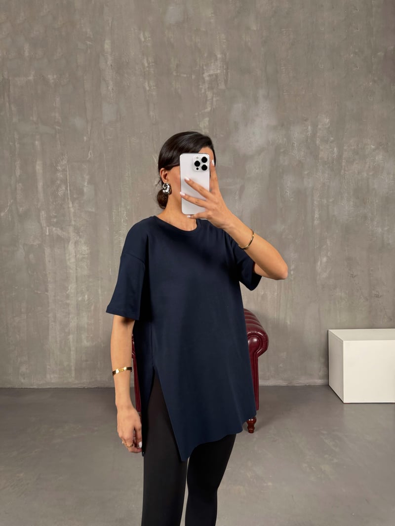 Lacivert Yandan Yırtmaçlı Bisiklet Yaka Tshirt Gaus00045