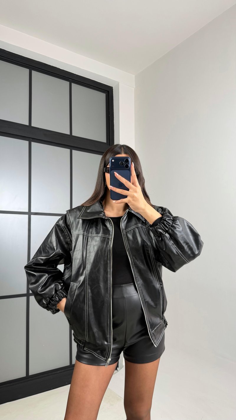 Siyah Dikiş Detaylı Astarlı Deri Ceket GAUS-00908