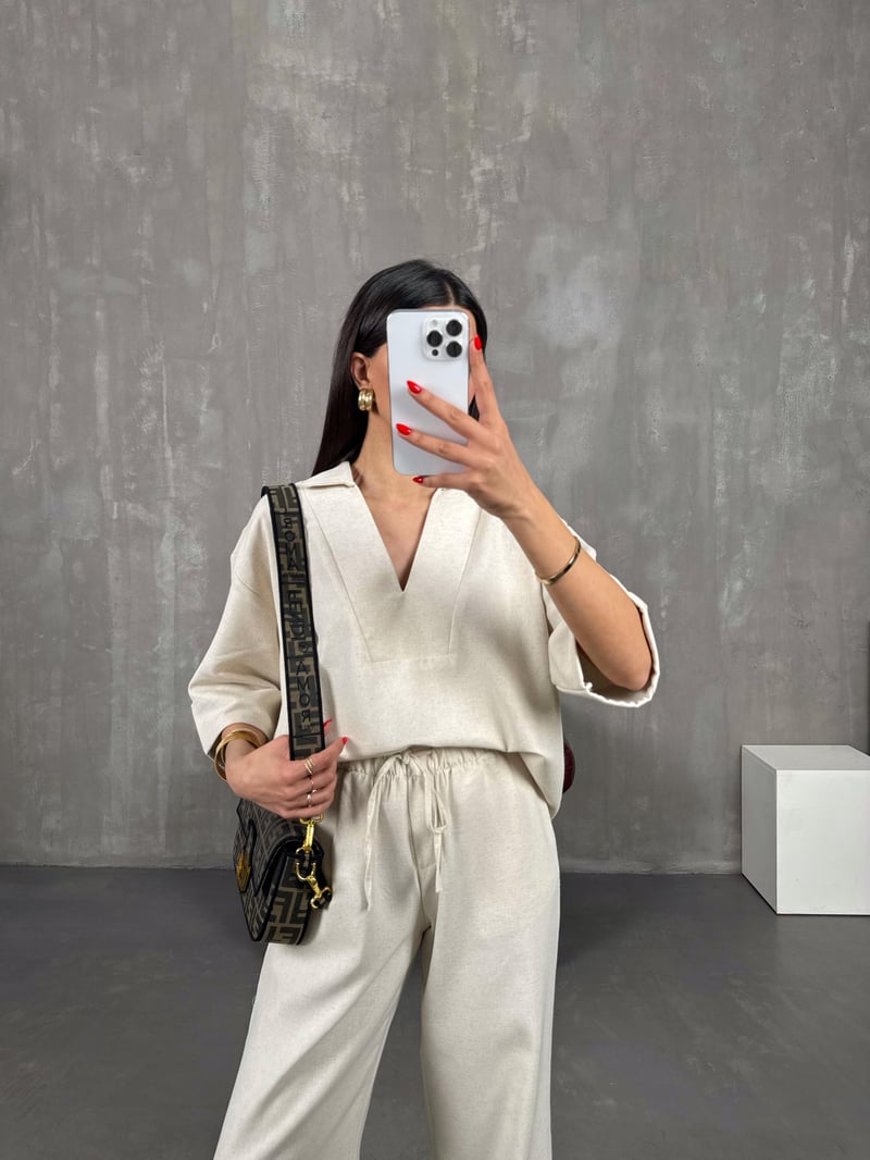 Gem V-Neck Linen Set Gaus00159