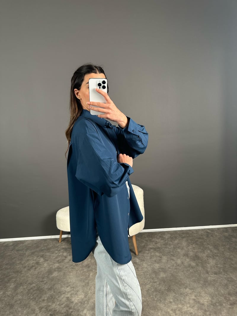 Min Lacivert Oversize Gizli Düğmeli Gömlek