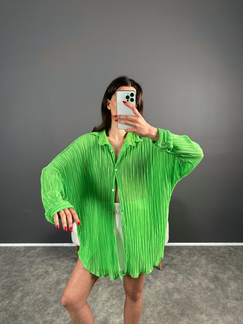 ND Yeşil Plise Oversize Gömlek