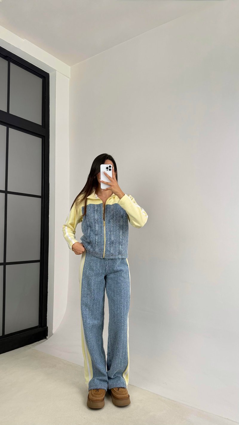 Sarı Şeritli Denim Detaylı Hırka Beli Lastikli Pantolon İkili Takım GAUS-00113