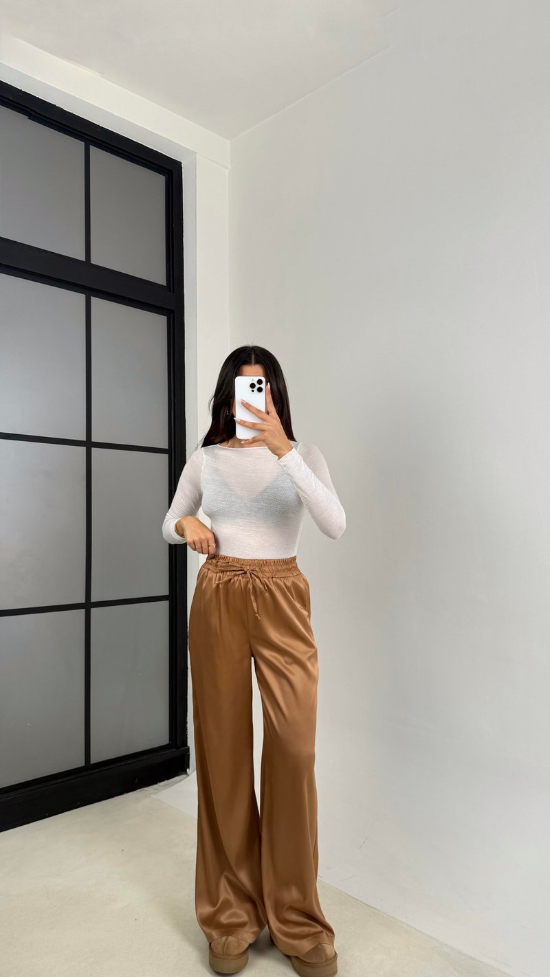 Kahve Beli Lastikli Cepli Saten Pantolon GAUS-0090