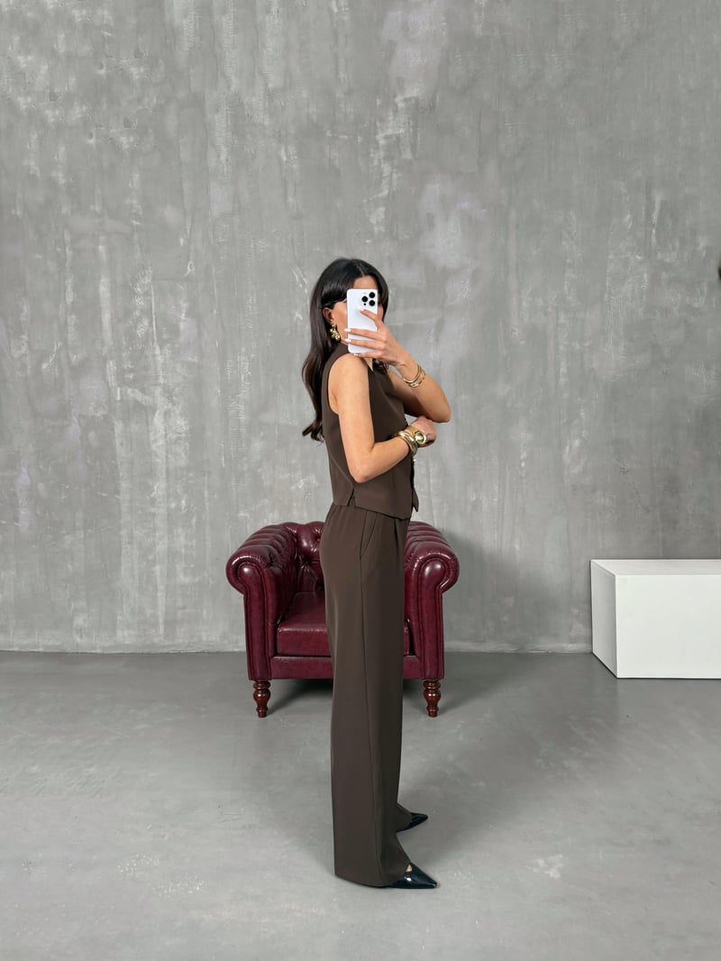 Diana Kahve Fiyonk Düğmeli Astarlı Yelek Pantolon İkili Premium Takım