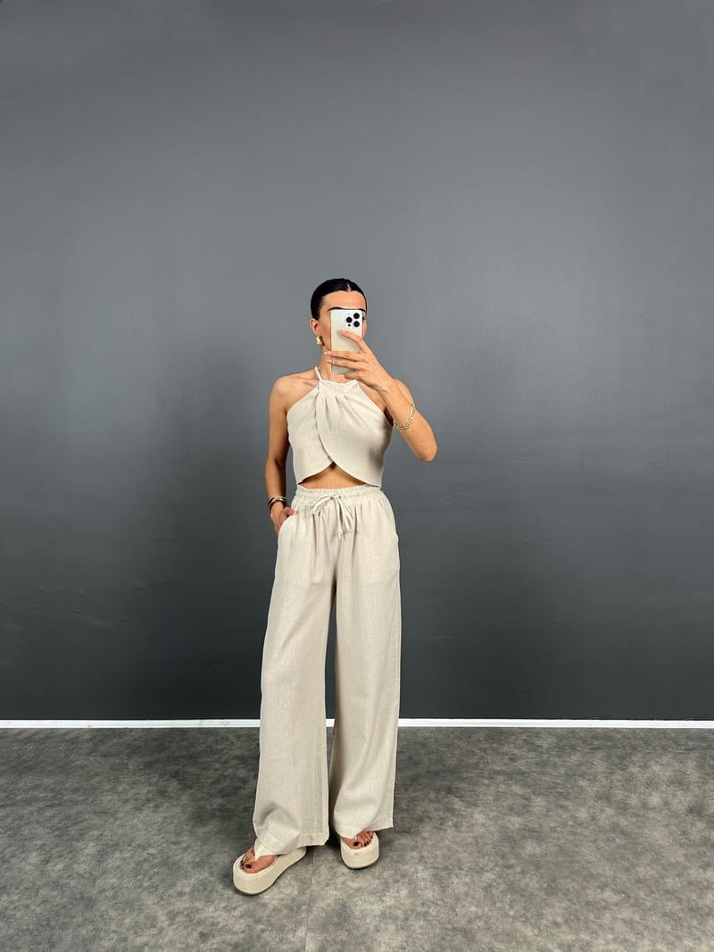 Pony Taş Keten Karışımlı Crop Pantolon Takım