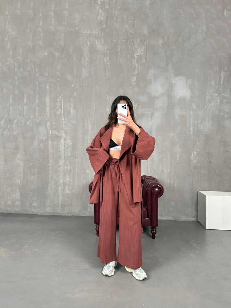 Sansa Kiremit Kuşaklı Keten Kimono Takım