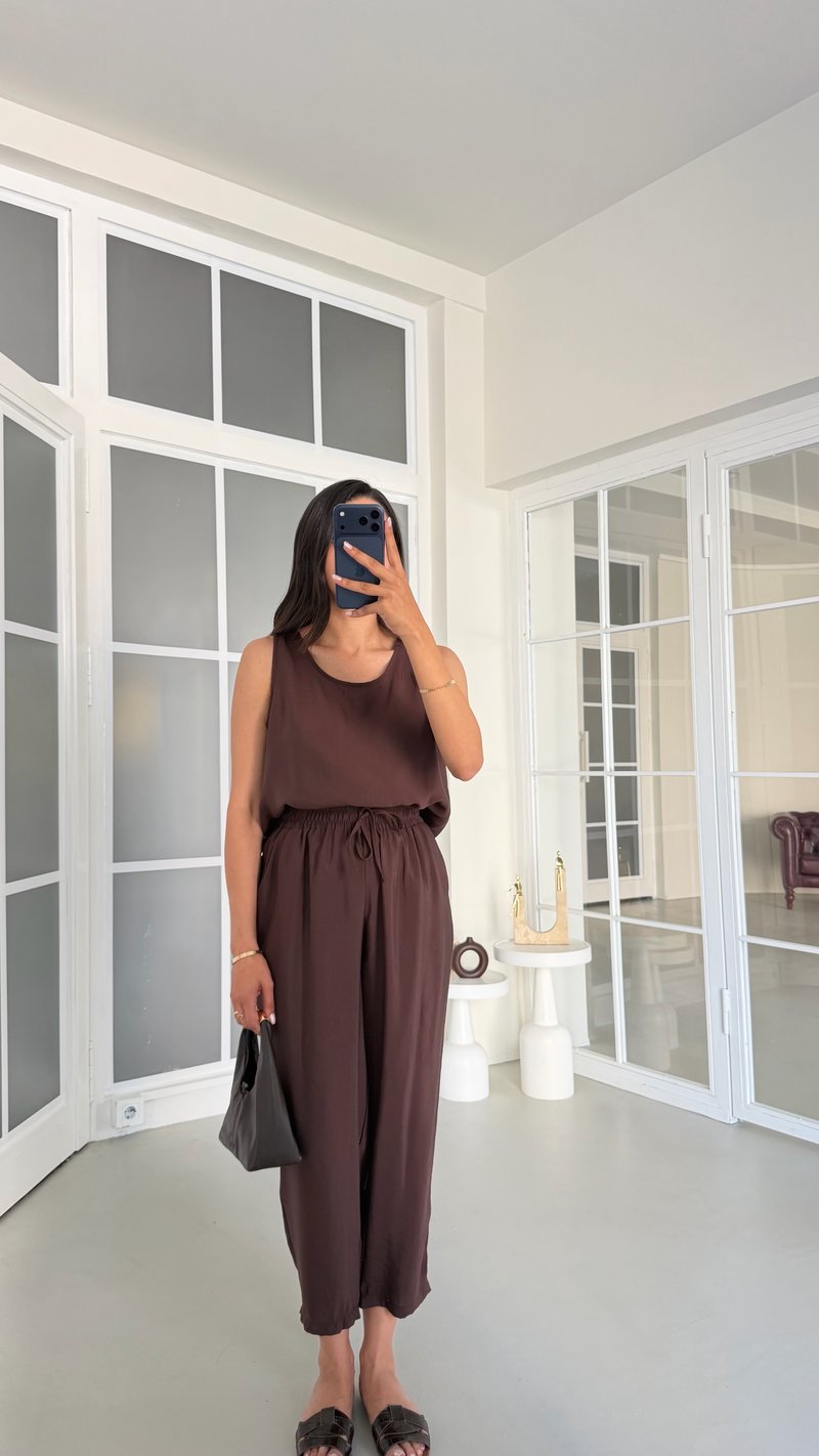Kahve Bluz Beli Lastikli Pantolon İkili Tencel Takım GAUS-01769