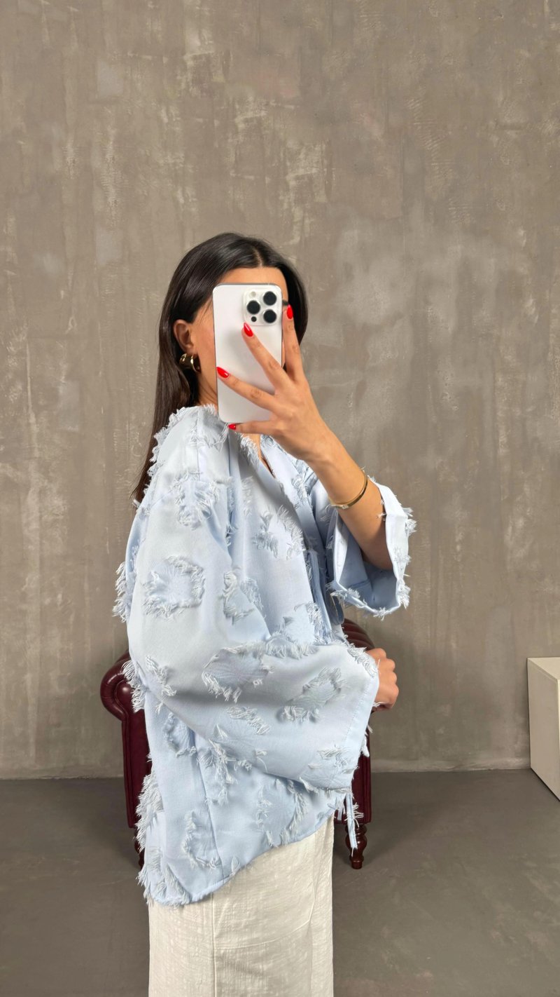 Mavi Zenit Püskül Detaylı Bağlamalı Keten  Gömlek GAUS-01147