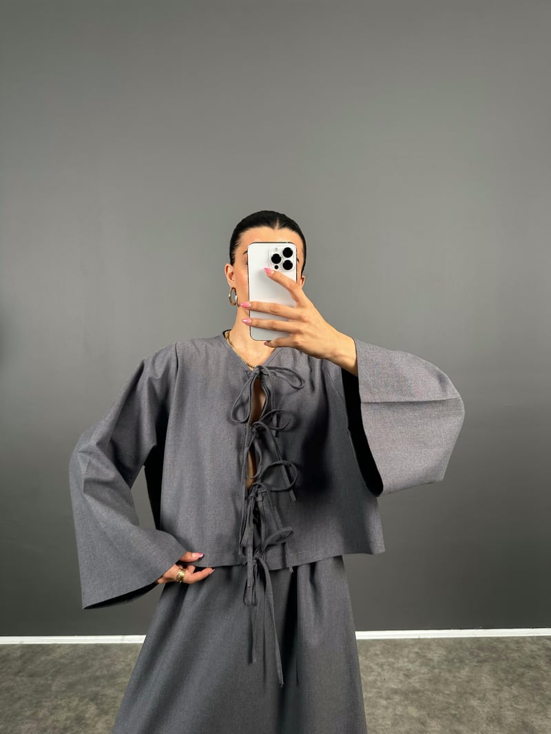 Pari Gri Hakim Yaka Bağlamalı Üst Beli Lastikli Etek Keten İkili Takım