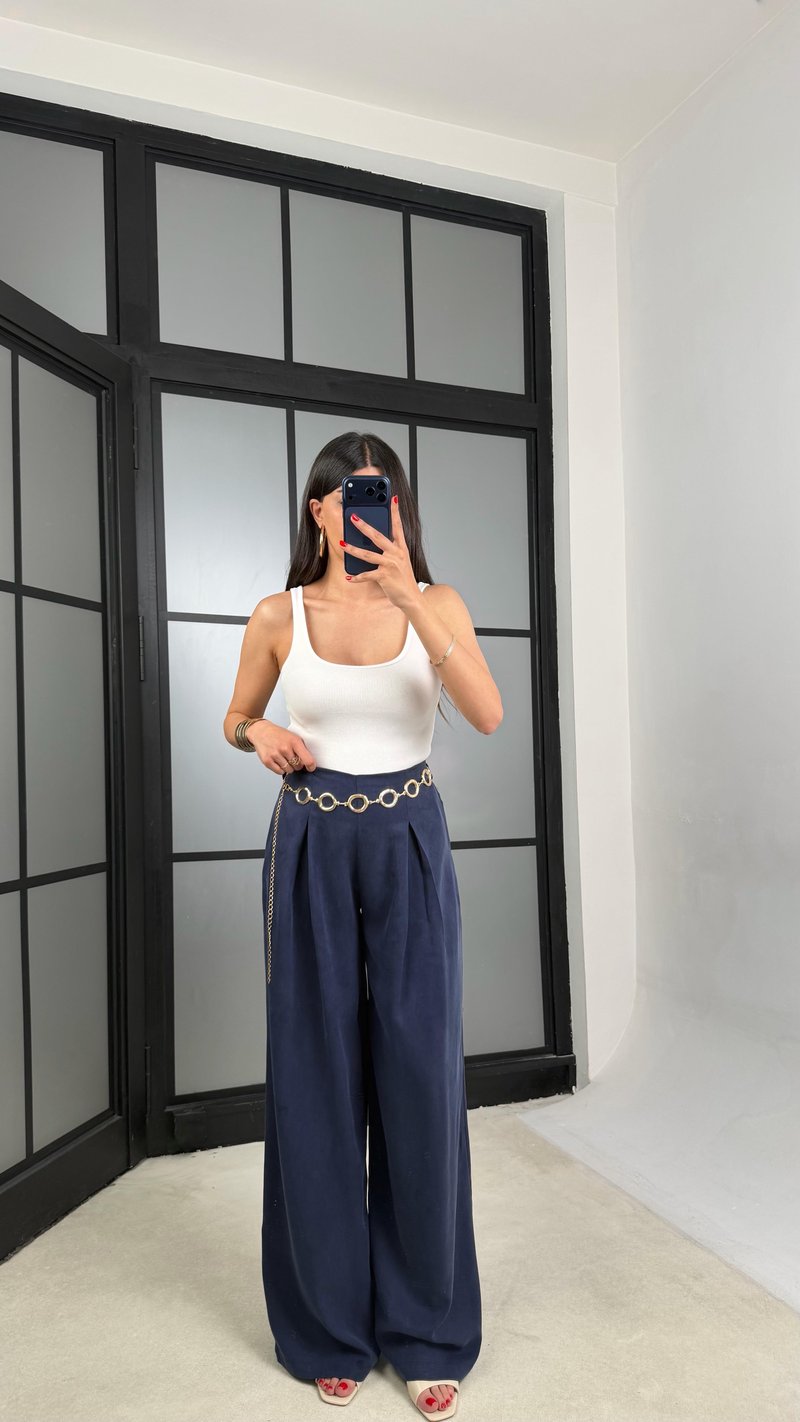 Lacivert Gold Zincirli Kemer Muadil Tencel Pantolon GAUS-01556
