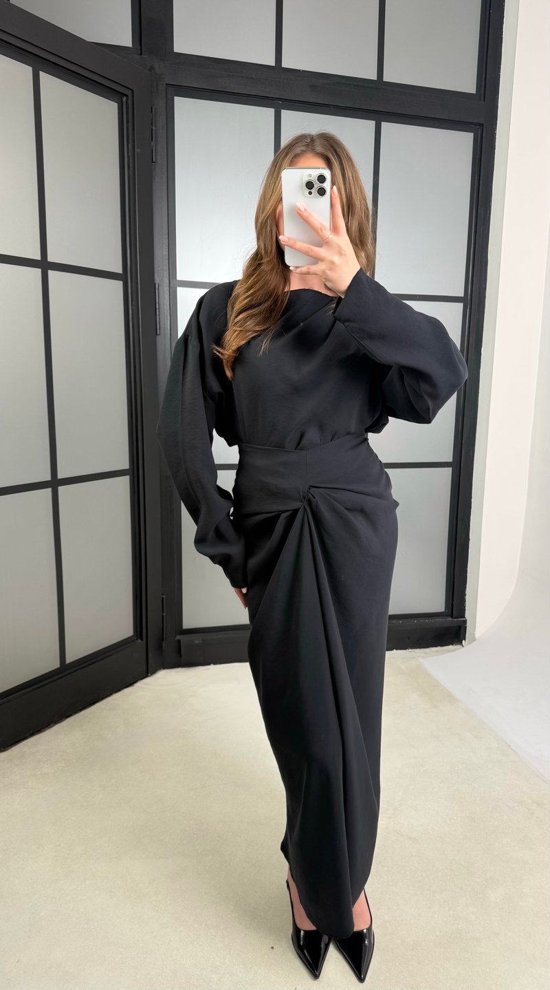 Siyah Drape Detaylı Etek Bluz Tencel Takım GAUS-01176