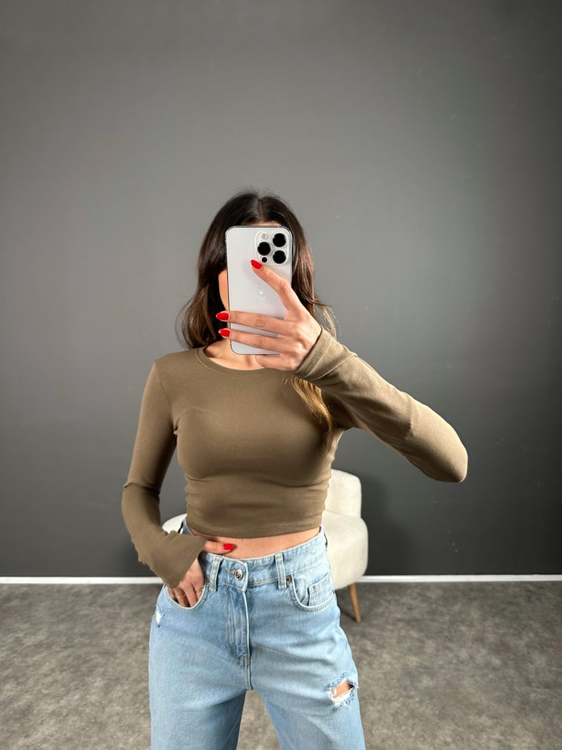 Haki ZR Model Basic Uzun Kollu Crop
