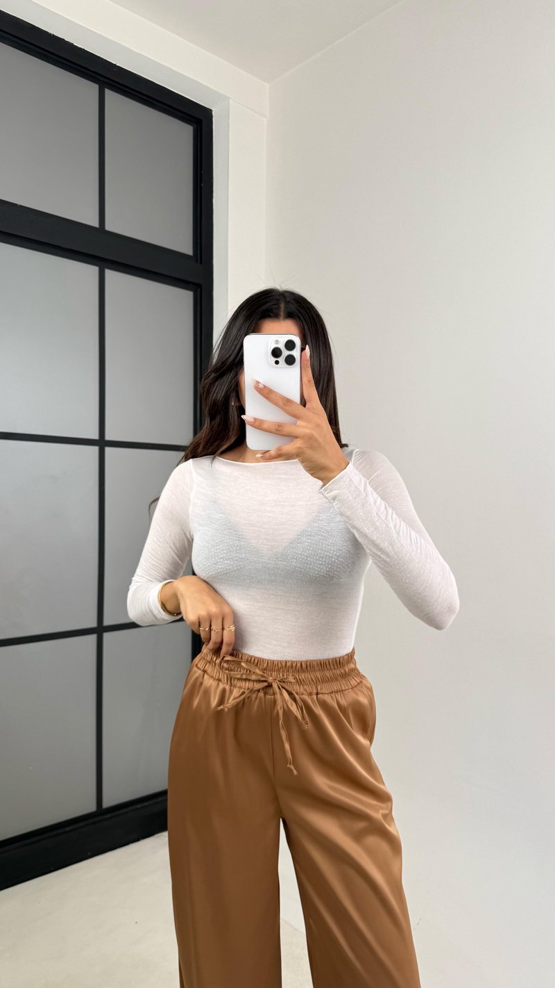 Kahve Beli Lastikli Cepli Saten Pantolon GAUS-0090