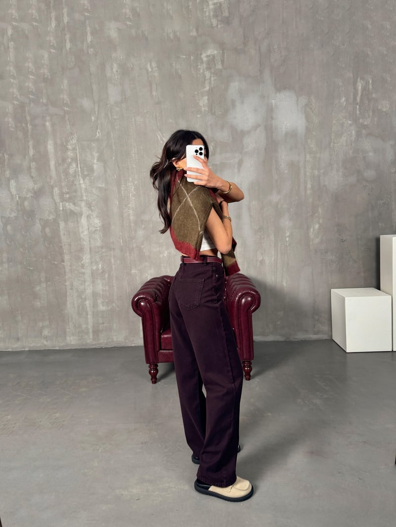Targi Bordo Yüksek Bel Wide Leg Jean