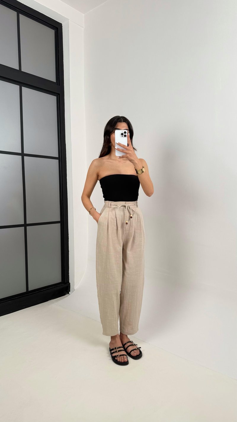 Taş Cepli Kuşaklı Balon Keten Pantolon Gaus00383