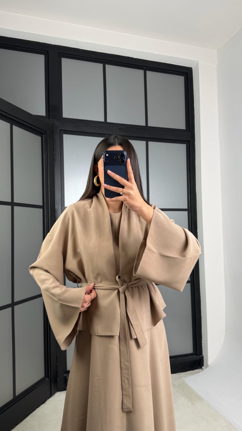 Camel Kuşaklı Ceket Elbise Premium Tencel Takım GAUS-01165