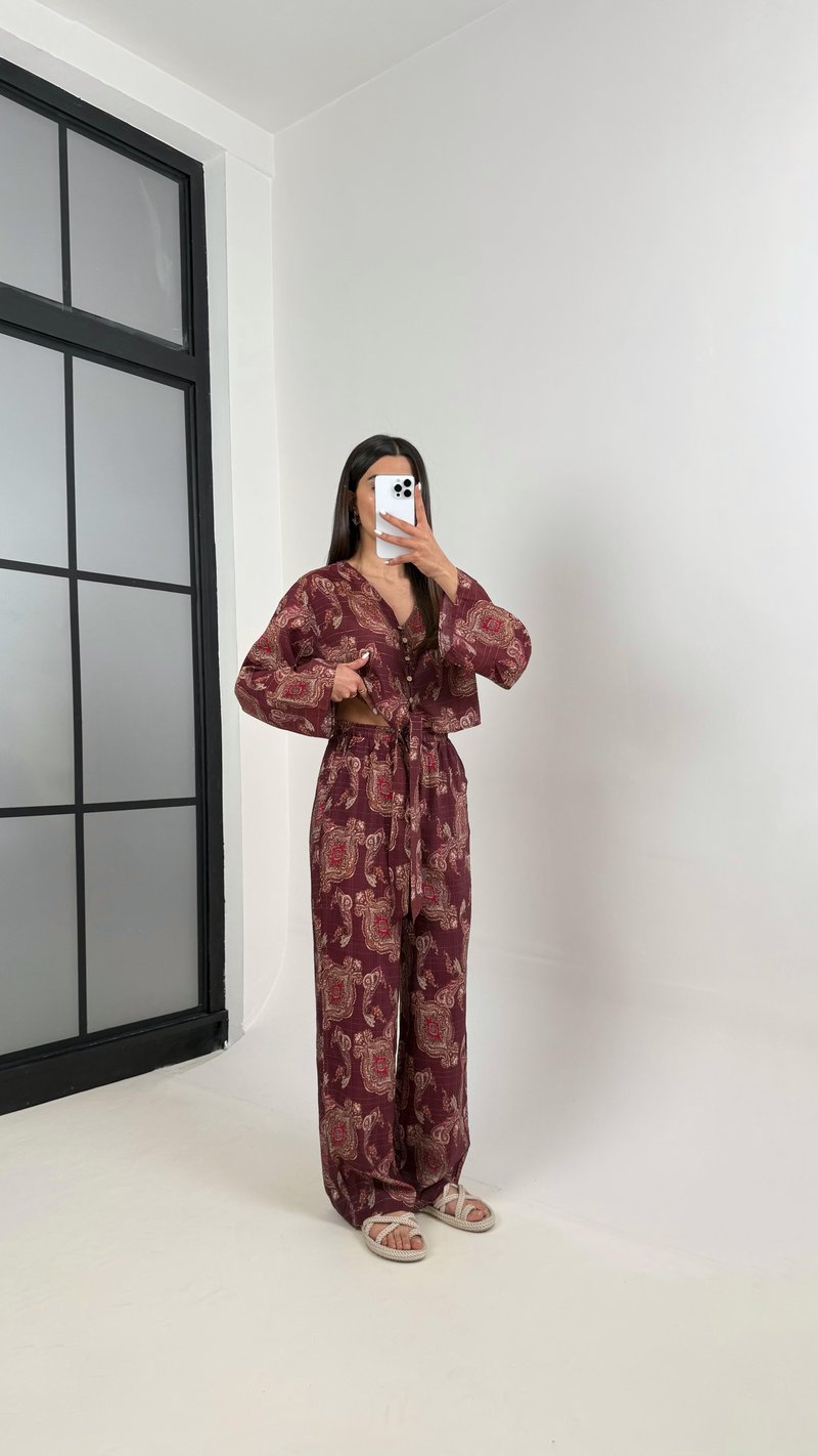 Mürdüm V Yaka Önü Düğmeli Üst Beli Lastikli Pantolon Etnik Desen Takım Gaus00362